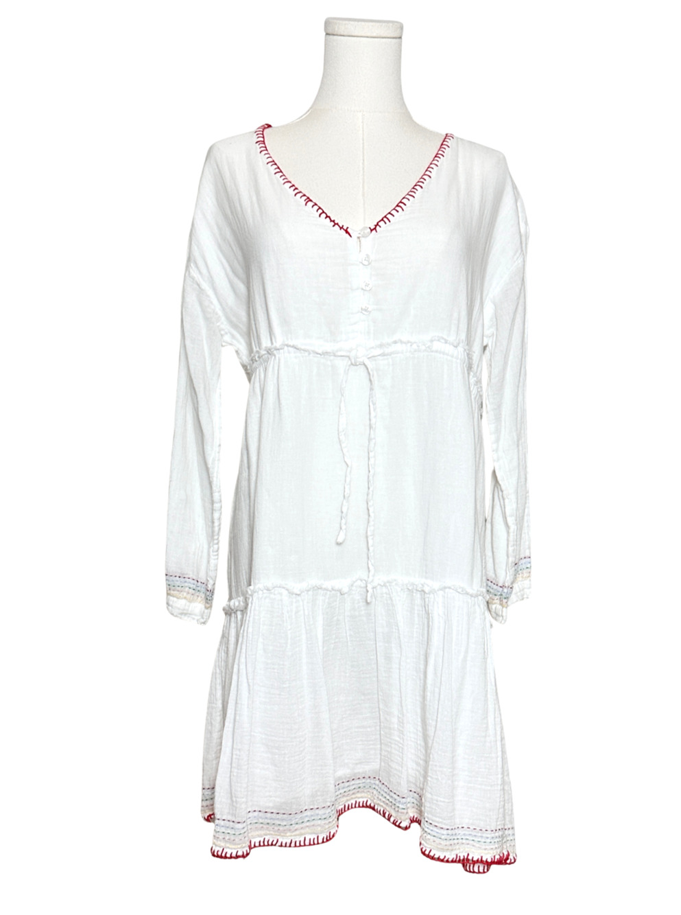 Sundry Gauze Tiered V Neck Henley Long Sleeve Mini Dress Small (Size 1)